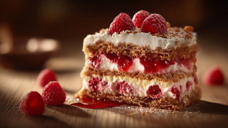 Delectable Raspberry Cake Slice with Cream and Biscuit Layers on Woodの素材