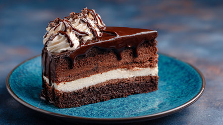 Rich Chocolate Cake Slice with Whipped Cream and Chocolate Drizzleの素材