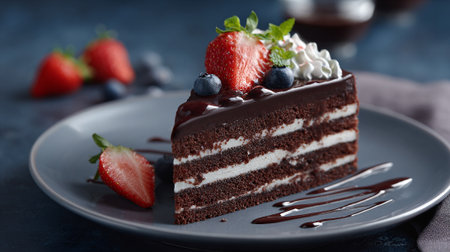 Delectable chocolate cake slice adorned with fresh berries on a plate.の素材