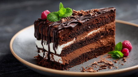 Indulgent Chocolate Cake Slice with Raspberry and Mint Garnished on Plateの素材