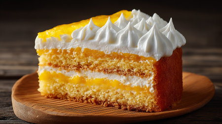 Delectable Layered Mango Cake Slice with Creamy Frosting on Wood Plateの素材