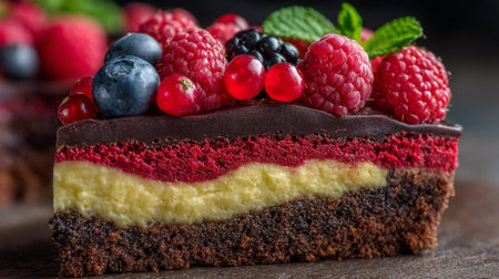 Decadent Layered Cake with Fresh Berries and Rich Chocolate Glaze Toppingの素材
