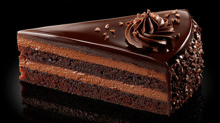 Decadent Chocolate Cake Slice with Rich Ganache and Chocolate Shavings Detailの素材