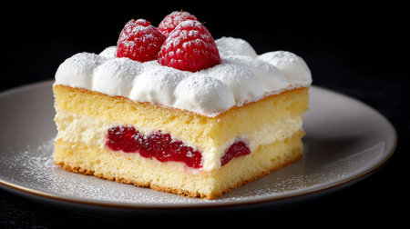 Tempting Raspberry Cake Slice Topped with Cream and Powdered Sugar on Plateの素材