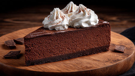 Tempting slice of chocolate cheesecake with whipped cream on a wood boardの素材
