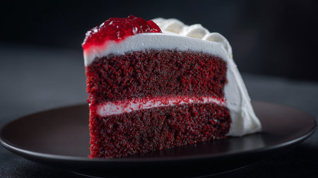 Decadent Red Velvet Cake Slice on a Black Plate with Dark Backgroundの素材