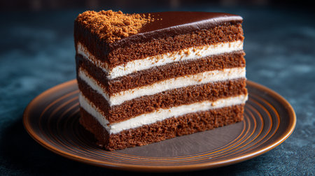 Decadent Chocolate Layer Cake Slice with Creamy Filling on Decorative Plateの素材