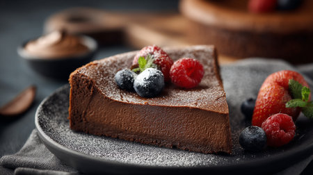 Chocolate Dessert Slice Garnished with Fresh Berries and a Touch of Powderの素材