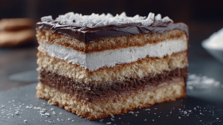 Decadent Layer Cake with Chocolate Ganache and Coconut Flakes, Delicious Treatの素材