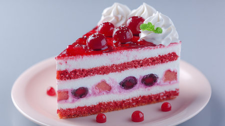 Tempting Cherry Cake Slice with Whipped Cream and Delicious Fruit Fillingの素材
