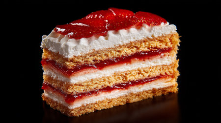 Tempting Strawberry Cake Slice with Cream and Jam on Dark Backgroundの素材
