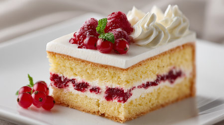 Delicious slice of layered sponge cake with red berries and whipped creamの素材