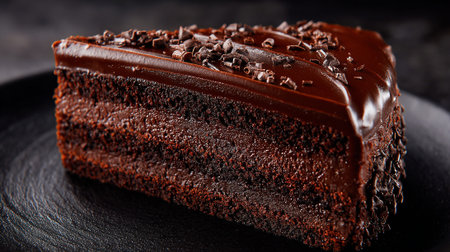 Rich Chocolate Cake Slice with Chocolate Frosting and Chocolate Sprinklesの素材