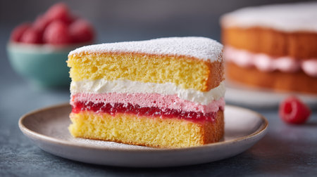 Delicious Layered Sponge Cake Slice with Raspberry Filling and Powdered Sugarの素材