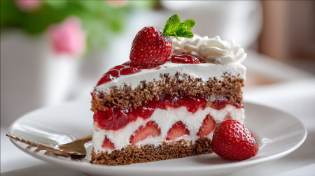 Delicious Strawberry Layer Cake Slice with Fresh Cream and Mint Detailの素材