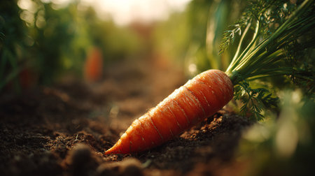 Freshly-Harvested-Carrot-Lying-in-Soil-on-Organic-Farm-at-Sunriseの素材