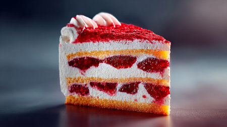 Tempting Slice of Raspberry Cake with Creamy Frosting on Dark Backgroundの素材