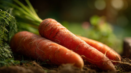 Freshly-harvested-vibrant-carrots-resting-on-soil,-a-natural-and-healthy-foodの素材