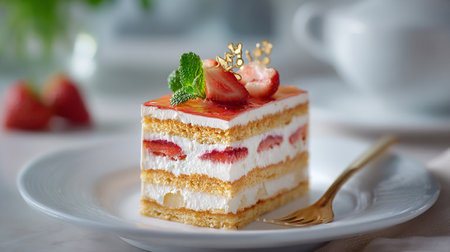 Elegant Strawberry Layer Cake Slice with Golden Fork on White Plateの素材