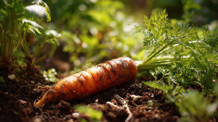 Freshly-Harvested-Organic-Carrot-Laying-on-Rich-Soil-Groundの素材