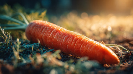Freshly-Harvested-Carrot-Still-Covered-in-Dew,-Lies-on-the-Earthの素材