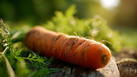 Freshly-Harvested-Carrot-with-Green-Leaves-on-Rustic-Wooden-Surfaceの素材