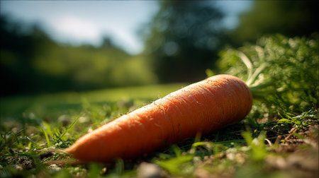 Vibrant-Orange-Carrot-Resting-on-Lush-Green-Grass-in-Natural-Lightの素材