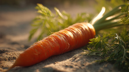 Earthy-Delight:-A-Fresh-Carrot-with-Greenery-Resting-on-Soil-Surfaceの素材