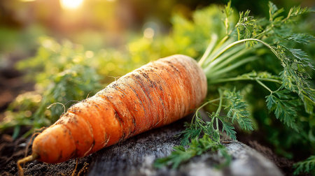 Freshly-Harvested-Carrot-Resting-on-Wood-Surface-with-Lush-Greeneryの素材