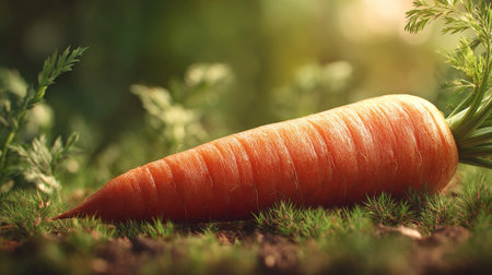 A-fresh-carrot-resting-on-grassy-ground-in-warm-sunlightの素材
