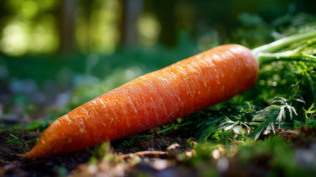Freshly-Harvested-Organic-Carrot-Lying-on-Lush-Green-Vegetable-Garden-Groundの素材