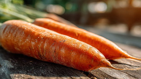Freshly-Harvested-Carrots-Displayed-on-a-Rustic-Wooden-Surface-in-Sunlightの素材