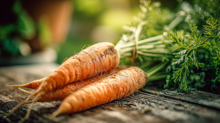 Freshly-Harvested-Carrots-Still-Covered-in-Soil-Rest-on-Weathered-Wooden-Surfaceの素材