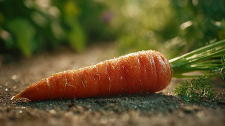 Freshly-Harvested-Carrot-with-Water-Droplets-Lies-on-the-Ground-Outdoorsの素材