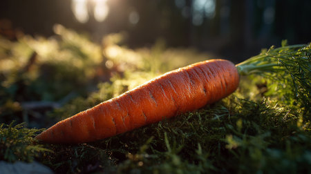 Fresh-carrot-sitting-amongst-green-moss-on-forest-floor,-sunny-day.の素材