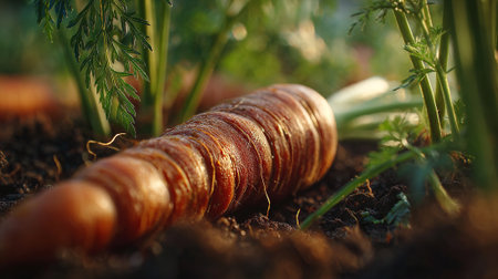 Freshly-Harvested-Carrot-Still-in-Soil-with-Vibrant-Green-Leaves-Around.の素材