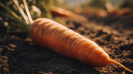 Freshly-Harvested-Carrot-Resting-on-Rich-Earthy-Soil-in-Golden-Lightの素材