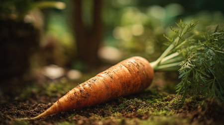 Freshly-Harvested-Carrot-Resting-on-Earthy-Soil-in-a-Garden-Settingの素材