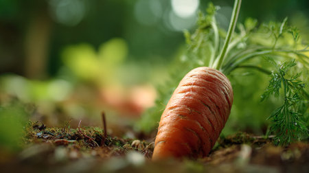 Freshly-Harvested-Carrot-Resting-on-Earthy-Ground-with-Green-Foliageの素材