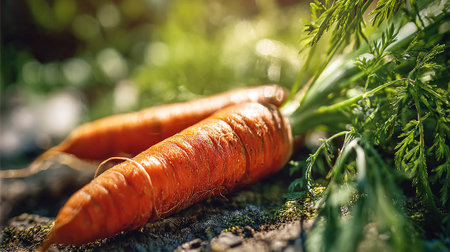 Freshly-harvested-carrots-with-vibrant-green-tops,-nestled-on-earthy-mossの素材