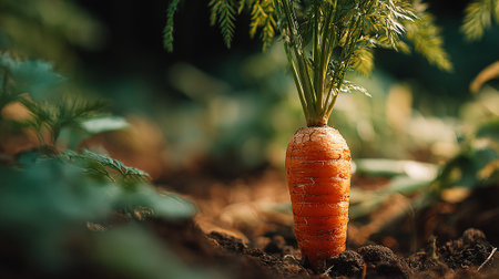Fresh-Carrot-Growing-in-Rich-Soil-Illuminated-by-Sunlight-in-a-Gardenの素材