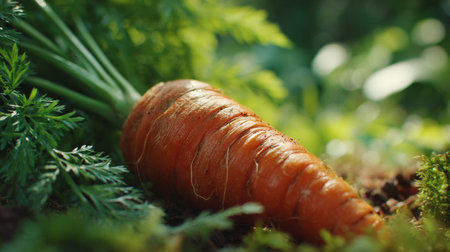 Freshly-Harvested-Carrot-Resting-in-the-Garden-Soil,-Lush-Greeneryの素材