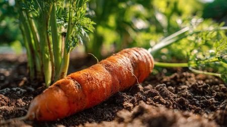 Freshly-harvested-orange-carrot-lying-on-the-dark-earth-with-vibrant-greensの素材