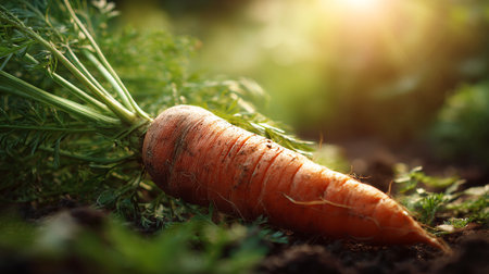 Freshly-Harvested-Carrot-on-the-Soil,-Illuminated-by-Golden-Sunlightの素材
