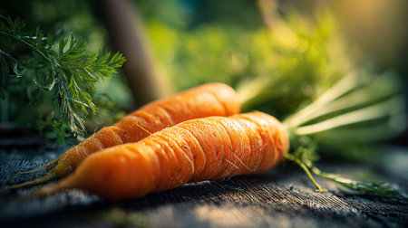 Freshly-harvested-carrots-on-wooden-surface-in-soft-natural-light-outdoors.の素材