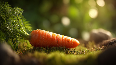 Fresh-Organic-Carrot-Lying-on-Mossy-Ground,-Natural-Light-Shinesの素材