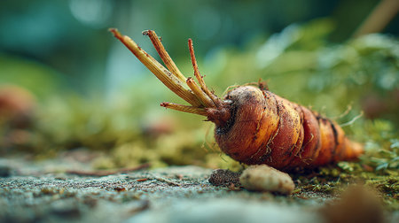 Freshly-harvested-carrot-rests-upon-mossy-ground-in-a-garden-setting.の素材