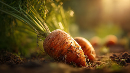 Freshly-harvested-carrots-lying-on-dark-soil-in-soft-sunlight.の素材