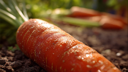 Freshly-Harvested-Carrot-Resting-on-the-Earthy-Soil-of-a-Garden-Bedの素材