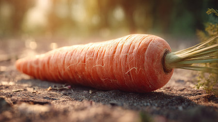 Freshly-Harvested-Carrot-Lying-on-Soil-Ground-with-Natural-Sunlightの素材